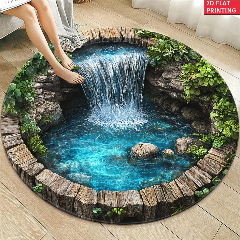 2D Koi Fish Pond Round Rug Waterfall Lotus Area Carpet Optical Illusion Floor Mat Non-Slip Decor