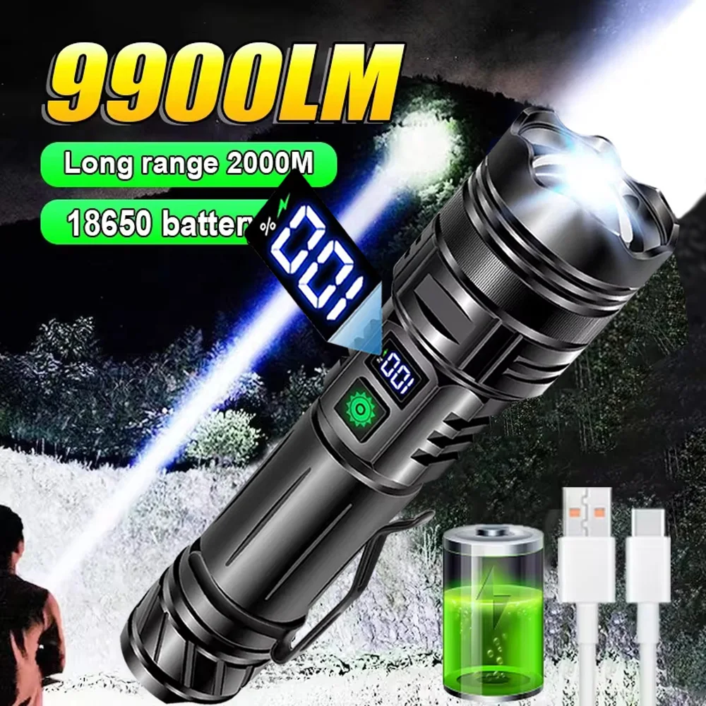 1000W LED Flashlights Rechargeable Zoom Tactical Torch High Power Emergency Searchlight 15000mah Battery With Power Display