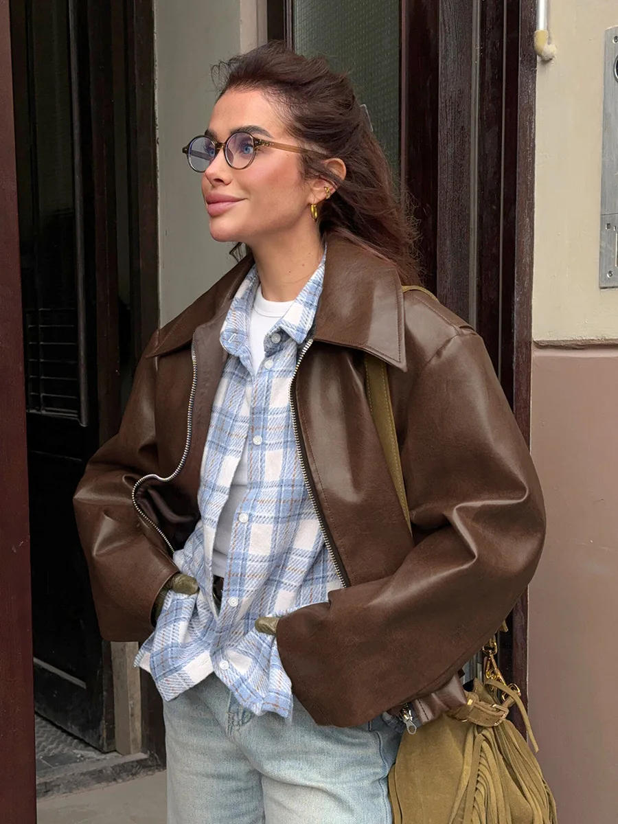 المرأة بولي Leather سترة جلدية Bomber الخريف الربيع سستة التلبيب كم طويل جيب معطف فضفاض الشارع الشهير معطف بورجوندي