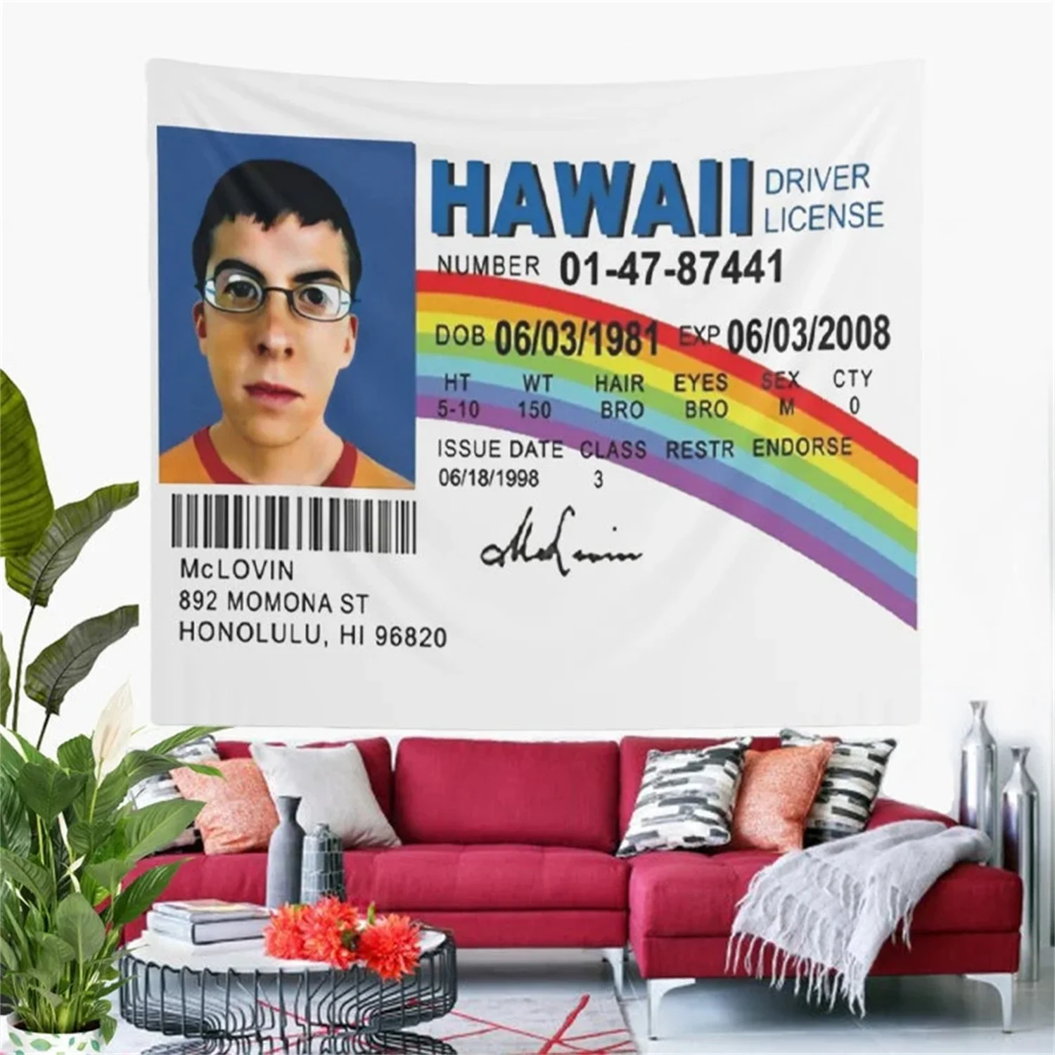 

McLovin Fake ID Funny Wall Tapestry Hostel Dorm Decor Home Decoration Wall Hanging Bedroom Background Cloth Banner Room Decor