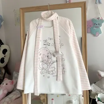 Sweet Kitten Print Graphic Tshirts O-neck Pink Striped Long Sleeve Sweatershirt Female Cute Japanese Y2k Top Aesthetic Ropa