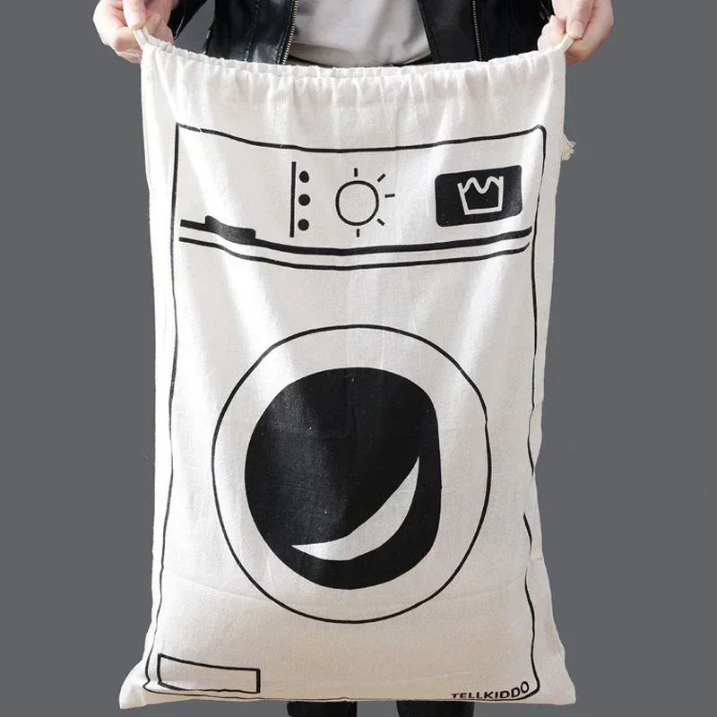 Linen Cotton Laundry Bag Animal Stripe Drawstring Backpack Cartoon Toy Storage Bag Drawstring Dirty Clothes Bag Organizer Pouch