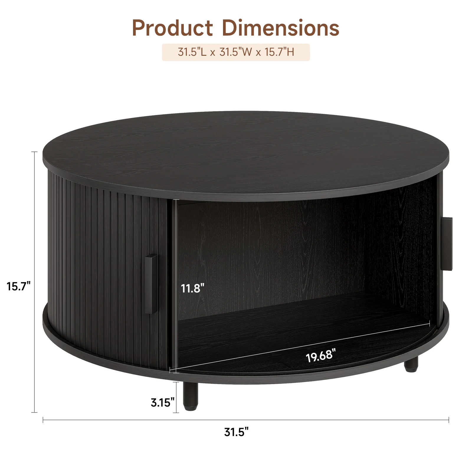 Round Coffee Table with Storage, 31.5 In Drum Coffee Table with 360° Curved Sliding Door, ModernFluted Wood Accent Coffee Tablee