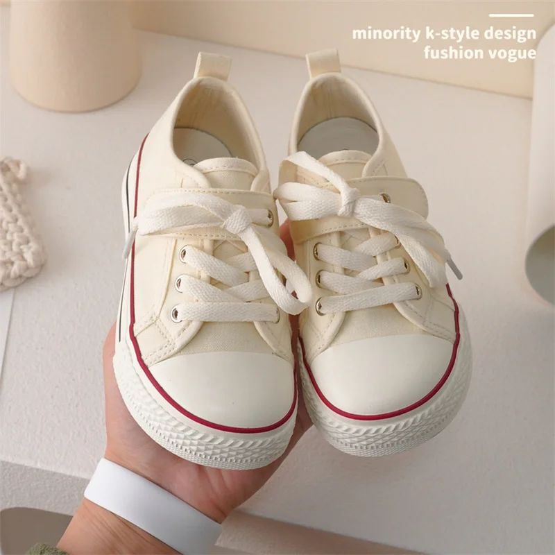 Children Canvas Shoes Girls Fashion Solid Low Top Canvas Shoes Boys Hook-loop Non-slip Wearable Casual Shoes Size 24-35