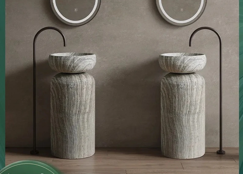 

Wabi Sand wind travertine column basin balcony outdoor art floor type stone sink personalized vertical sink basin