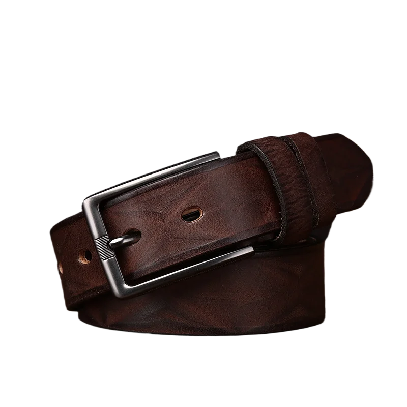 Vintage Top-grain Leather Embossed Men's Belt, Genuine Leather Pin Buckle Casual Versatile Belt for Jeans and Work Pants