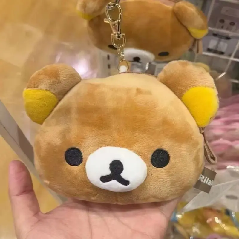 En stock : Portefeuille compact Anime Rilakkuma avec motif visage d'ours de dessin animé, pour filles, avec pince à billets, décoration de sac, cadeau