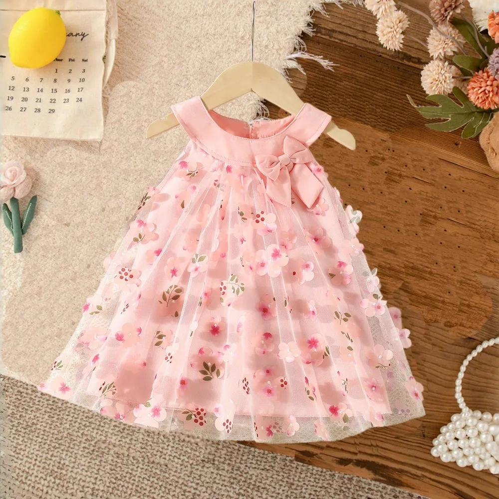 Korean Version Summer Pink Sweet and Cute Baby Girl Bow Hanging Neck 3D Flower Mesh Princess Dress