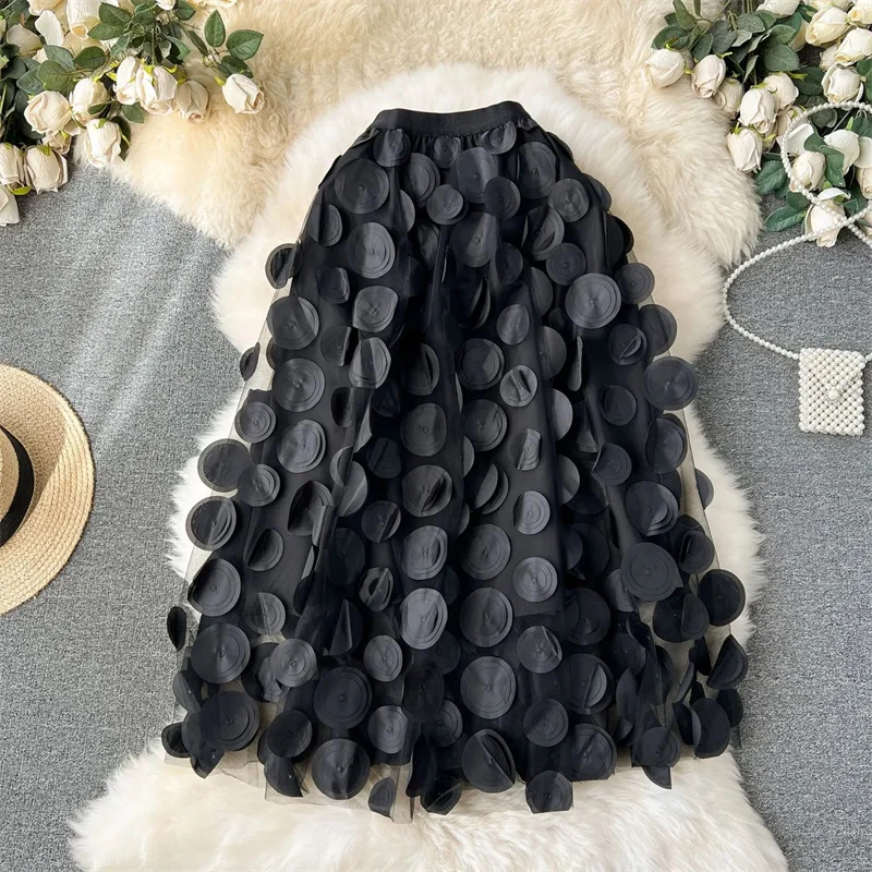 

Женские длинные юбки с 3D-цветами, сетчатые пышные юбки до колена, модные женские юбки А-силуэта, универсальные французские ретро-юбки для дропшиппинга