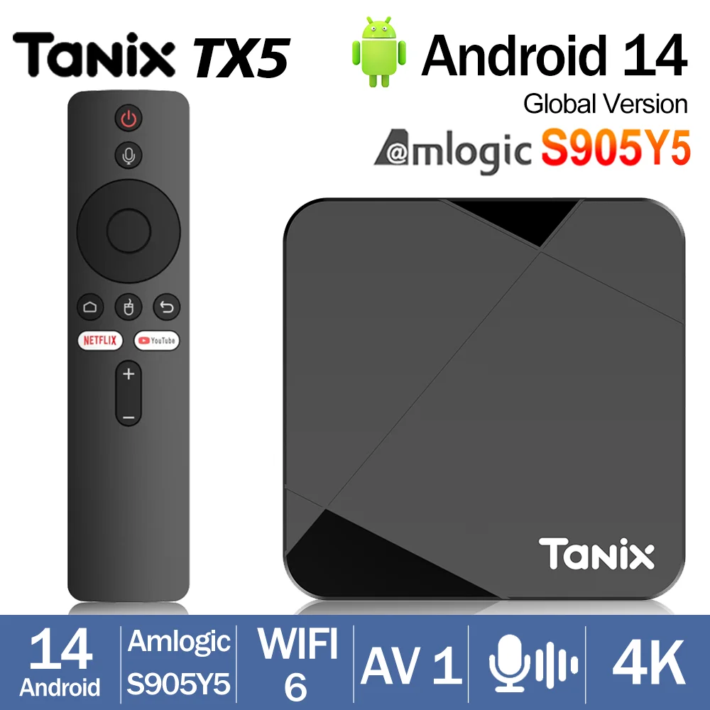 

Tanix TX5 Android 14 Smart TV Box Amlogic S905Y5 4 ГБ 64 ГБ 2,4G/5G Dual Wifi 6 AV1 BT Set Top Box DDR4 Медиаплеер