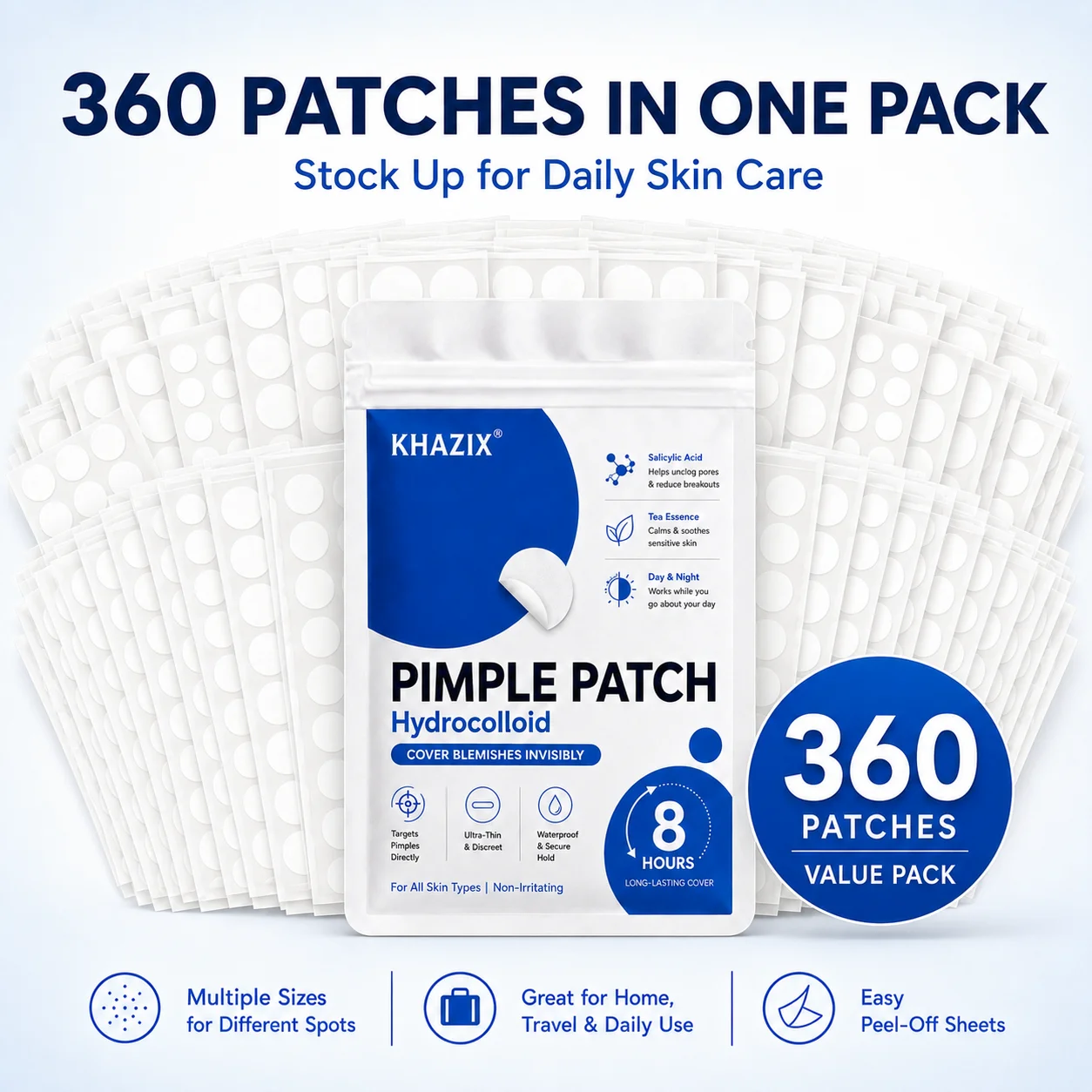 360pcs Invisible Round Hydrocolloid Patches. Conceal Acne Marks, Pits and Blemishes to Unify Skin Tone.