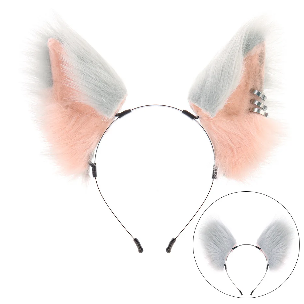 Halloween Realistic Furry Fox Wolf Ears Headband with Tail Set, Cosplay Ears Tail Kit with Piercing Decor for Anime Halloween