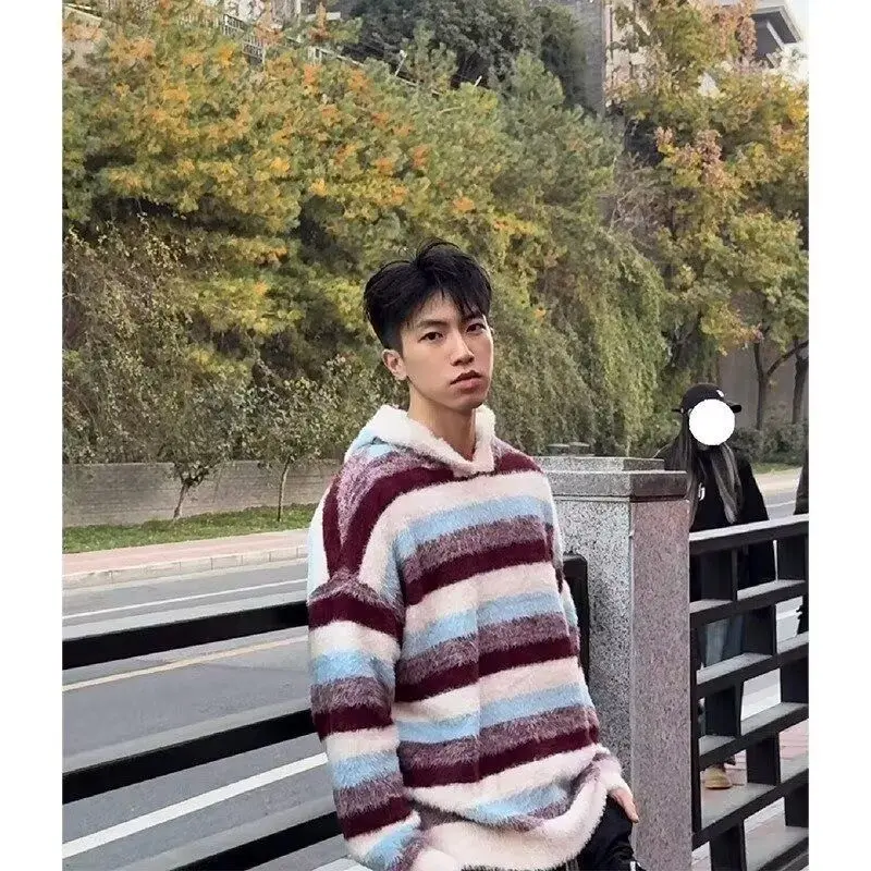 

Американский ретро-свитер в полоску с капюшоном, вязаный, для мужчин и женщин, осенне-зимний, в стиле оверсайз, с цветовыми блоками, высокого качества, для пар