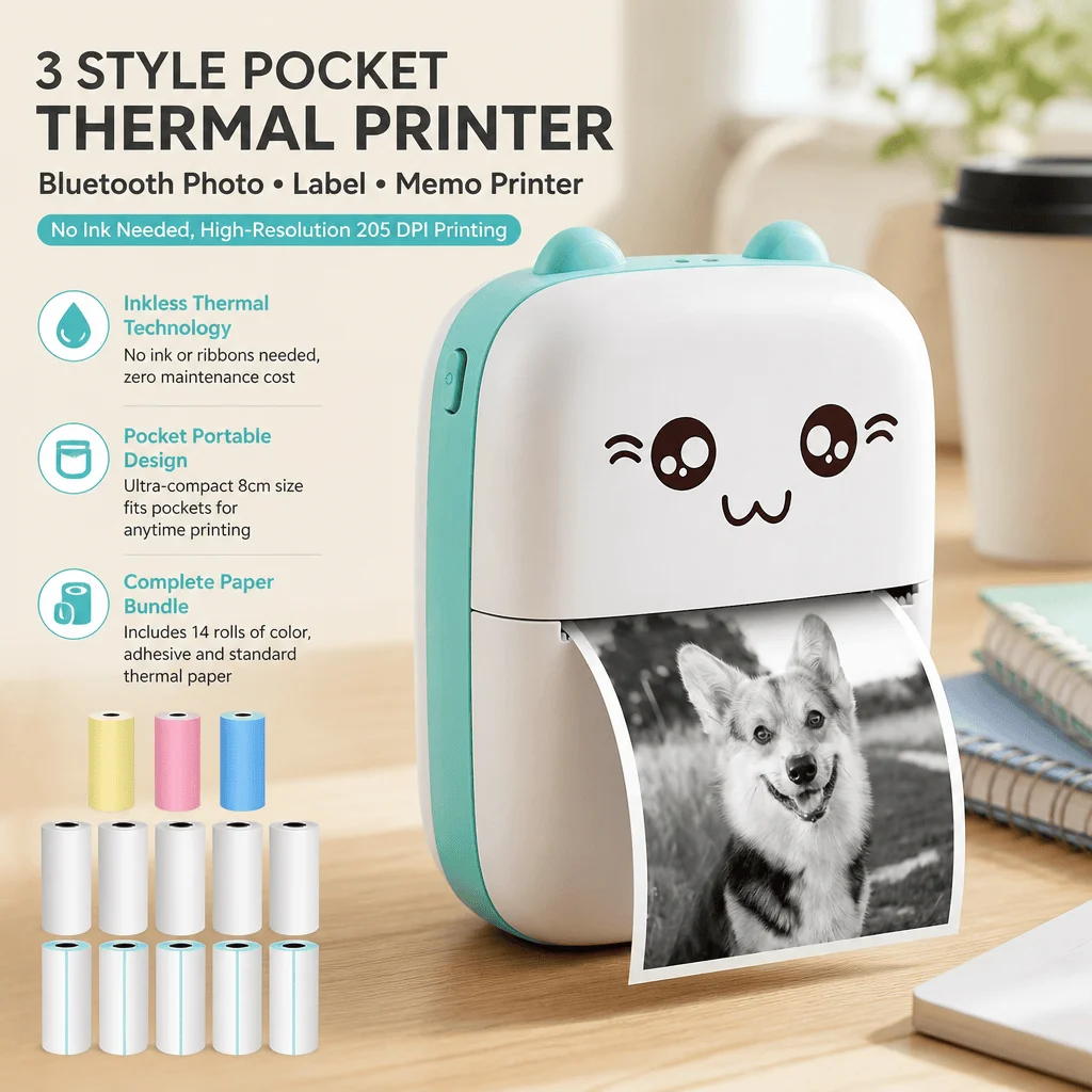Mini Thermal Printer Bluetooth Pocket Inkless Photo Printer Wireless Sticker Label Maker Portable AI Creative High Resolution