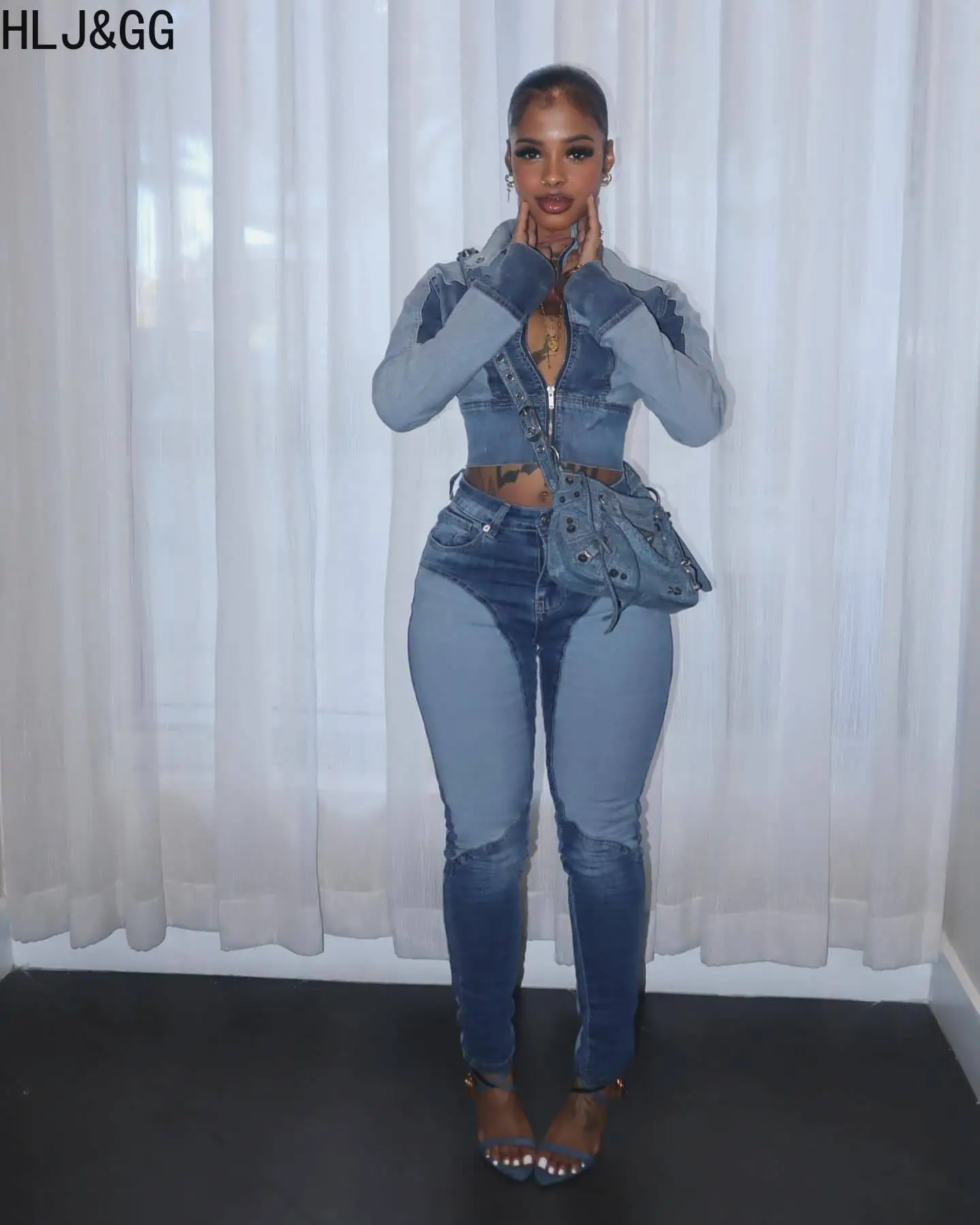 HLJ&GG женские эластичные лоскутные джинсовые комплекты из двух предметов, осенний топ на молнии с длинными рукавами и джинсы, Y2K, повседневные ковбойские костюмы из 2 предметов