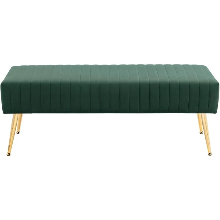 44 Inch Entryway Bench, Upholstered Tufted Striped Fabric Ottoman Bench with Polished Gold Metal Legs for Living Room