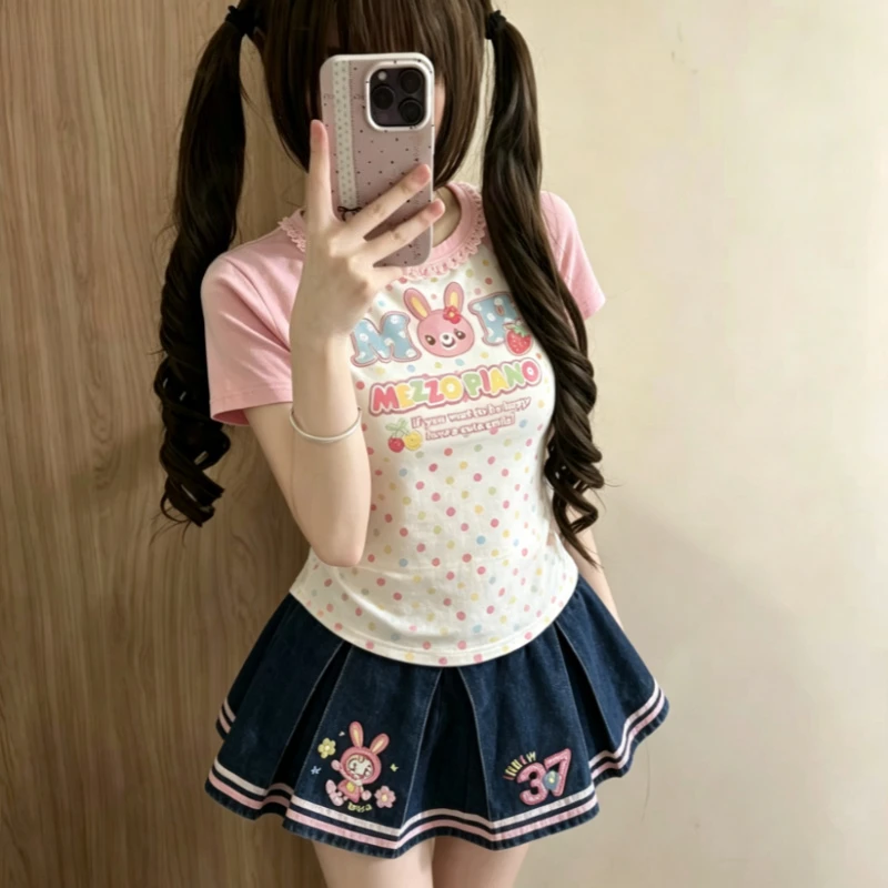 Kawaii Two Piece Sets Y2k Printed Crop Top Mini Skirt Japanese Style Casual Holiday Outfits Clothing for Teen Girls Young Women