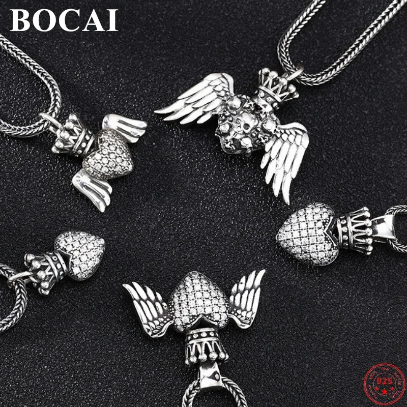 

BOCAI S925 Sterling Silver Charms Pendants for Men Women New Fashion Angel Wings Heart Zircon Argentum Punk Jewelry Wholesale