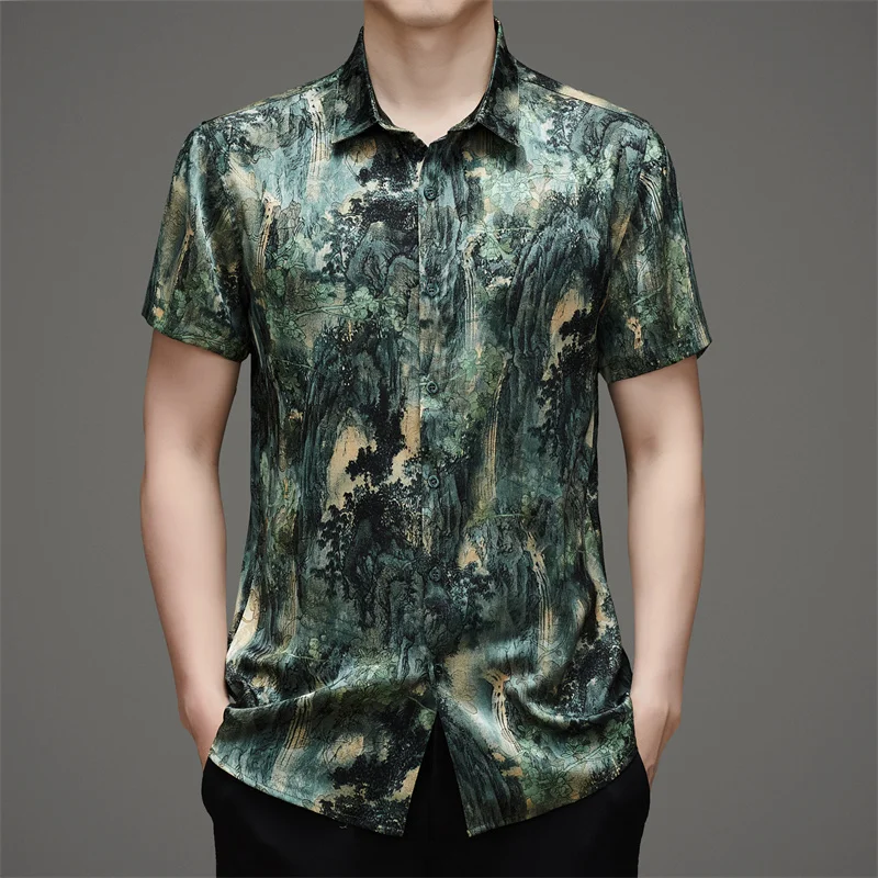

Silk 10% High-End Shirts For Men Short Sleeved Print Chinese Style Summer Quality Smooth Comfortable Easy Care Camisas De Hombre