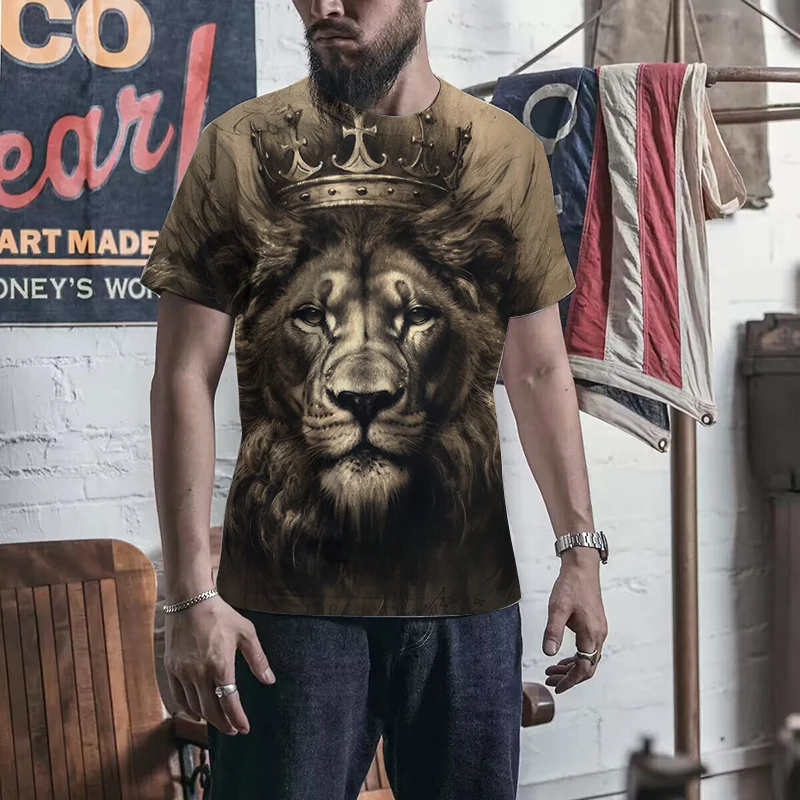 

Summer T Shirt Animal Lion 3D Printed Short Sleeve Streetwear Oversized Tops Casual Outfits Fashion Black And White Men's Tee