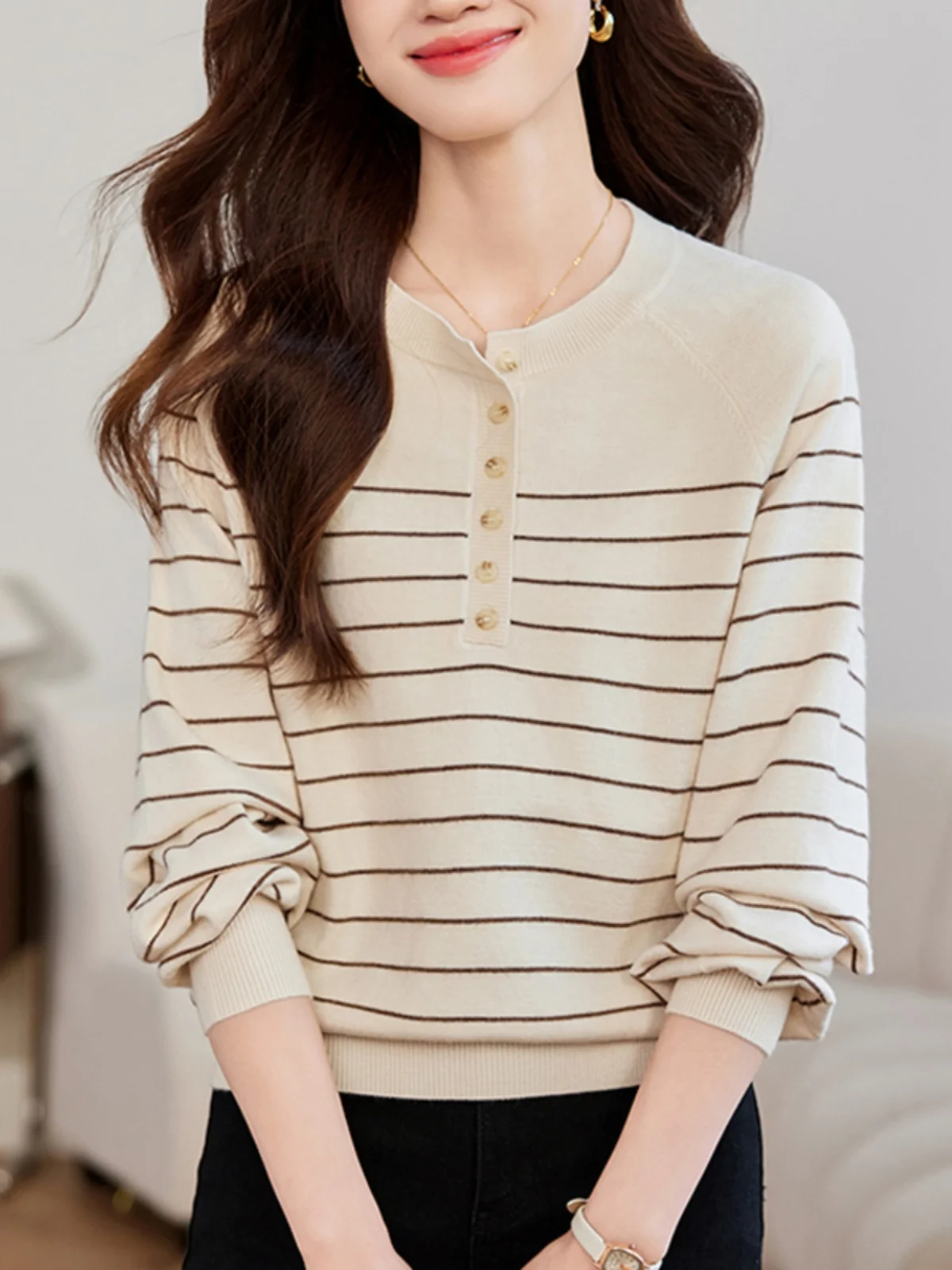 

Women's Striped Long Sleeve Knitwear Casual Inner Wear T-Shirt Versatile Top for Autumn Winter Comfortable Loose Fit Korean S...