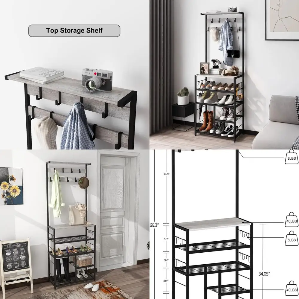

5-уровневое винтажное дерево для прихожей с консольным столом, вешалкой для одежды и полками для хранения прихожей, дома или офиса (серый)