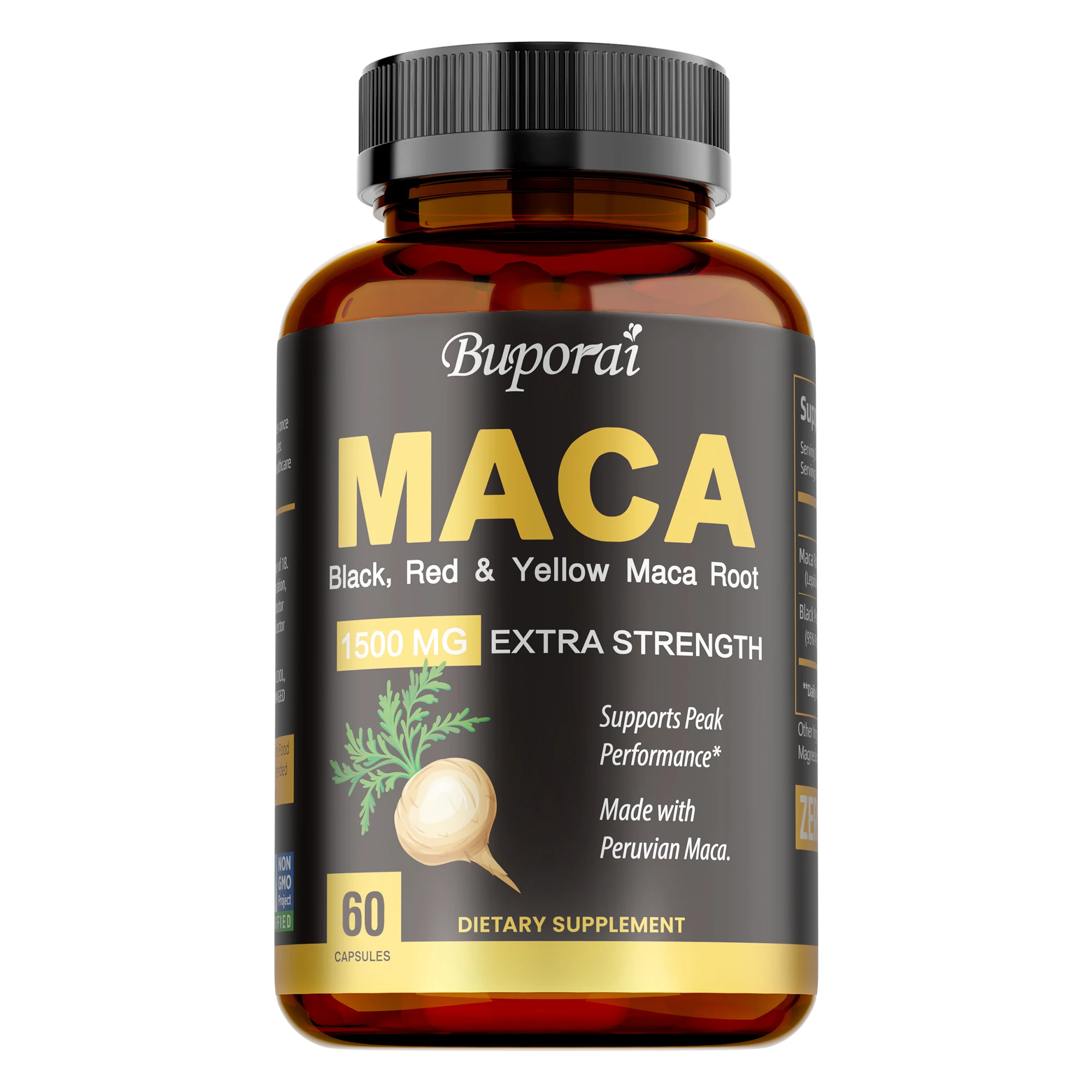 Organic Maca Root Powder Capsules with Black + Red + Yellow Peruvian Maca Root Extract Supplement for Men Women