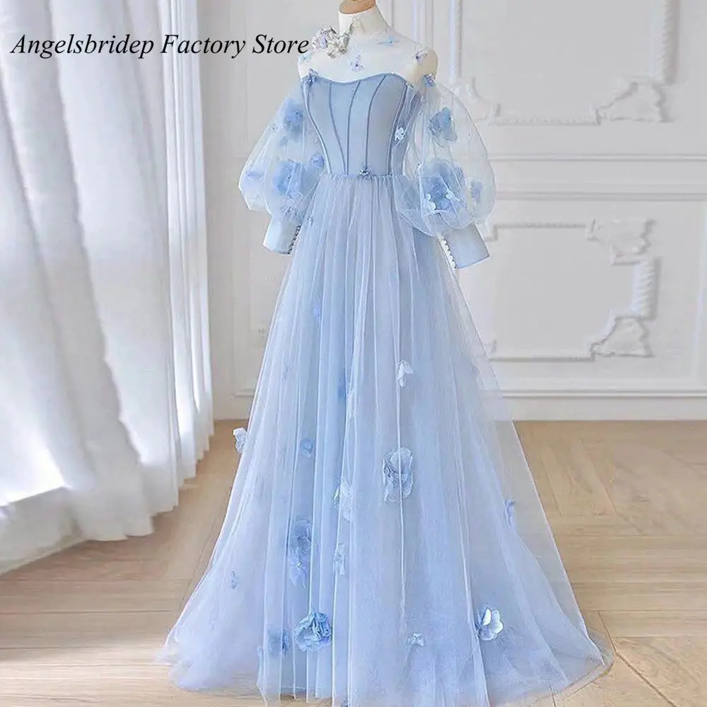 Angelsbridep Sky Blue A-Line Appliques Tulle Prom Dress High Neck Puffy Sleeves Evening Gowns 3D Flowers Party Robes De Soirée