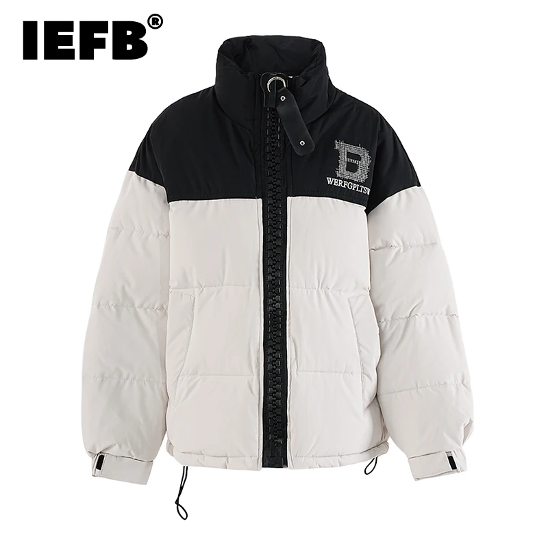 IEFB Letter Printing Men's Cotton Coats Stand Collar Big Zipper Patchwork Contrast Color Drawstring Male Padded Jackest CPG2525