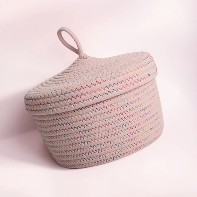 1Pcs Remote Controller Organizing Basket Pink Cotton Rope Storage Box Lid Desktop Organizer Household Storage Container