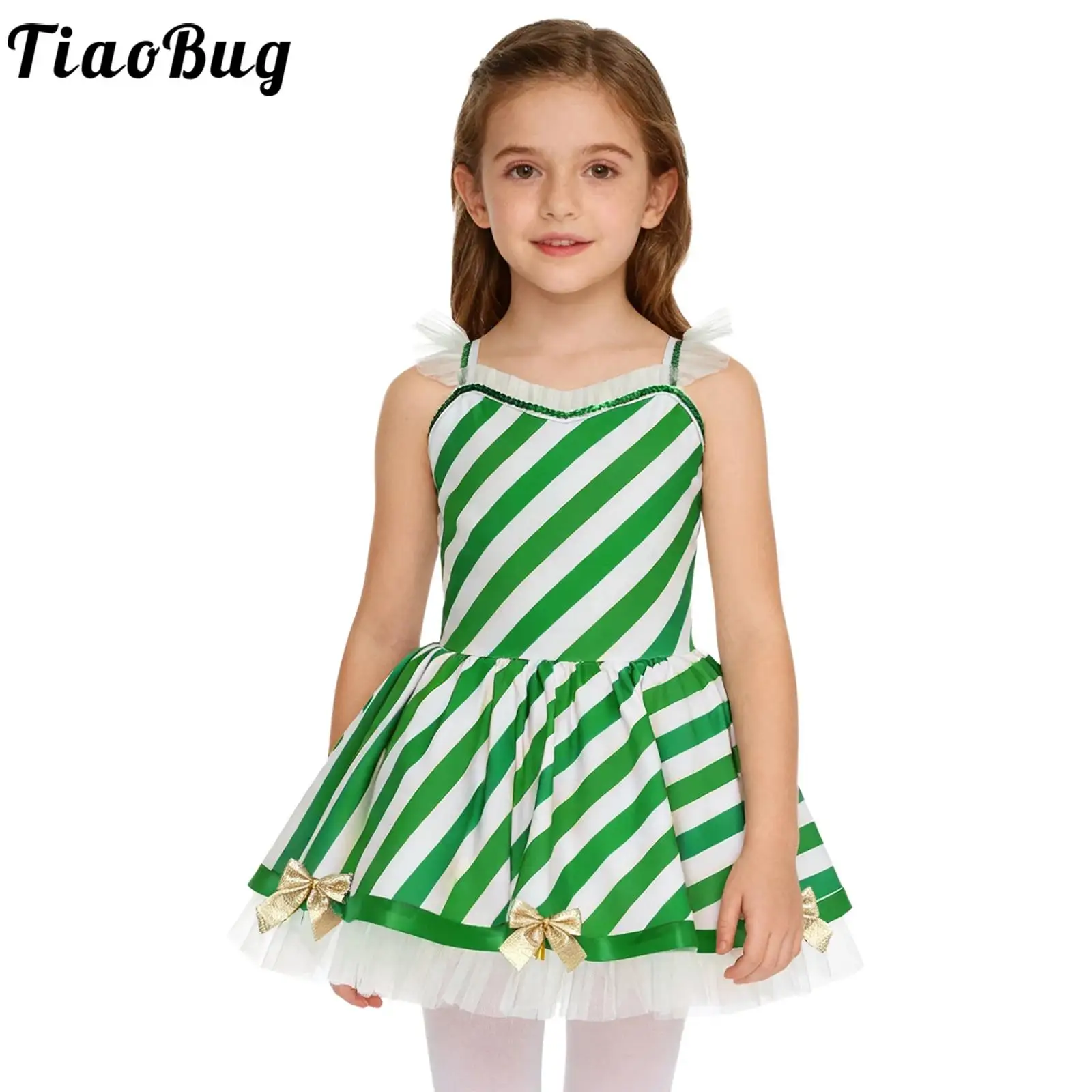 

Girls Candy Cane Stripe Tutu Ballet Costume Figure Skating Dress Bow Decor Ruffled Mesh Trim Tulle Dress Christmas Carnival Gown