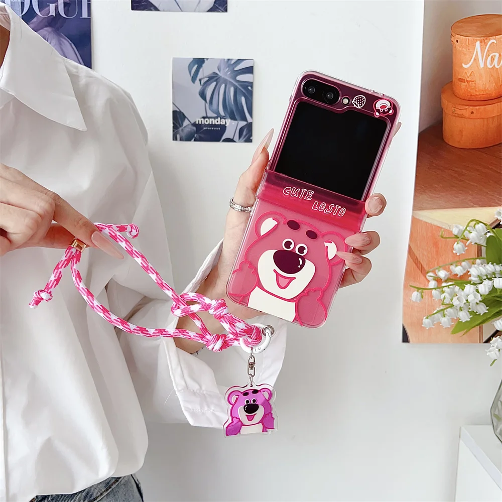 Cute Cartoon Mickey Bear Lanyard Wrist Strap Phone Case For Samsung Galaxy Z Flip Fold 6 5 4 3 generation Shockproof Cover