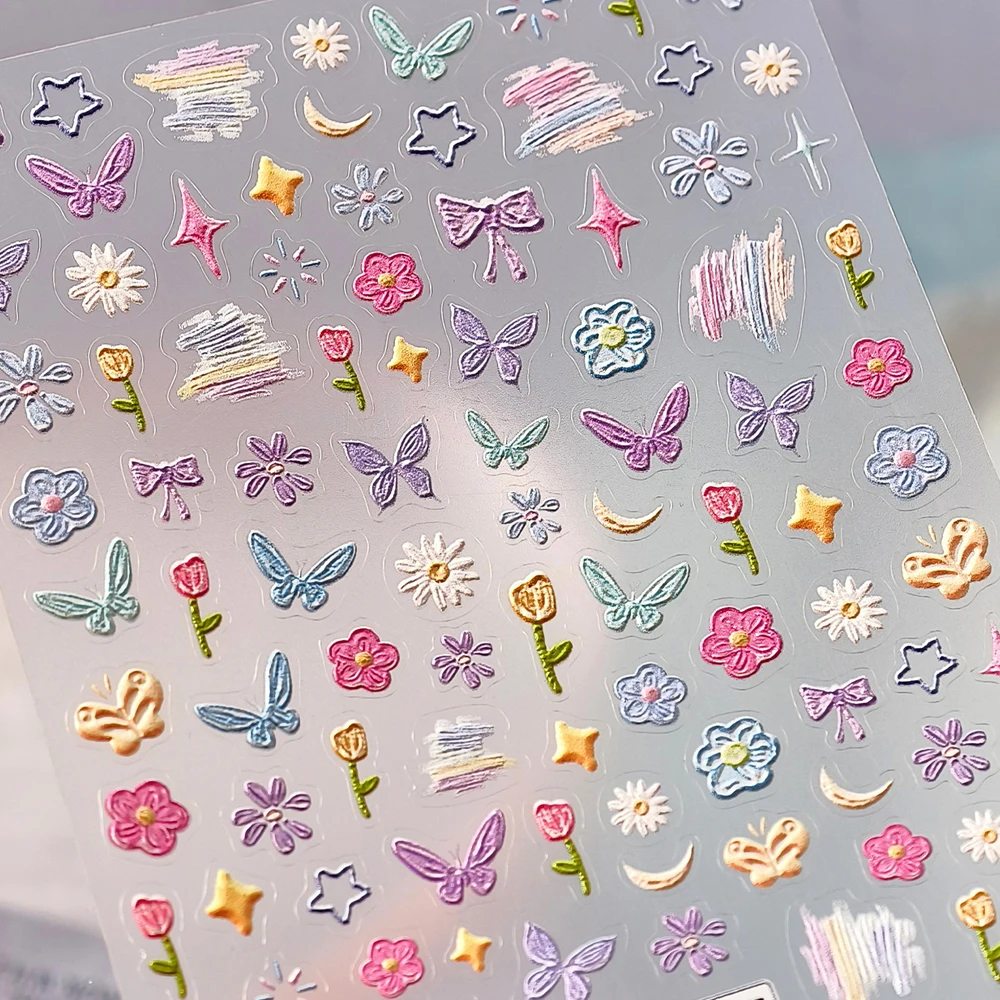 귀여운 버튼 사랑 하트 네일 아트 스티커 사과 배꽃잎 리본 나비 스윗 5D 셀프 접착 매니큐어 데칼 DIY