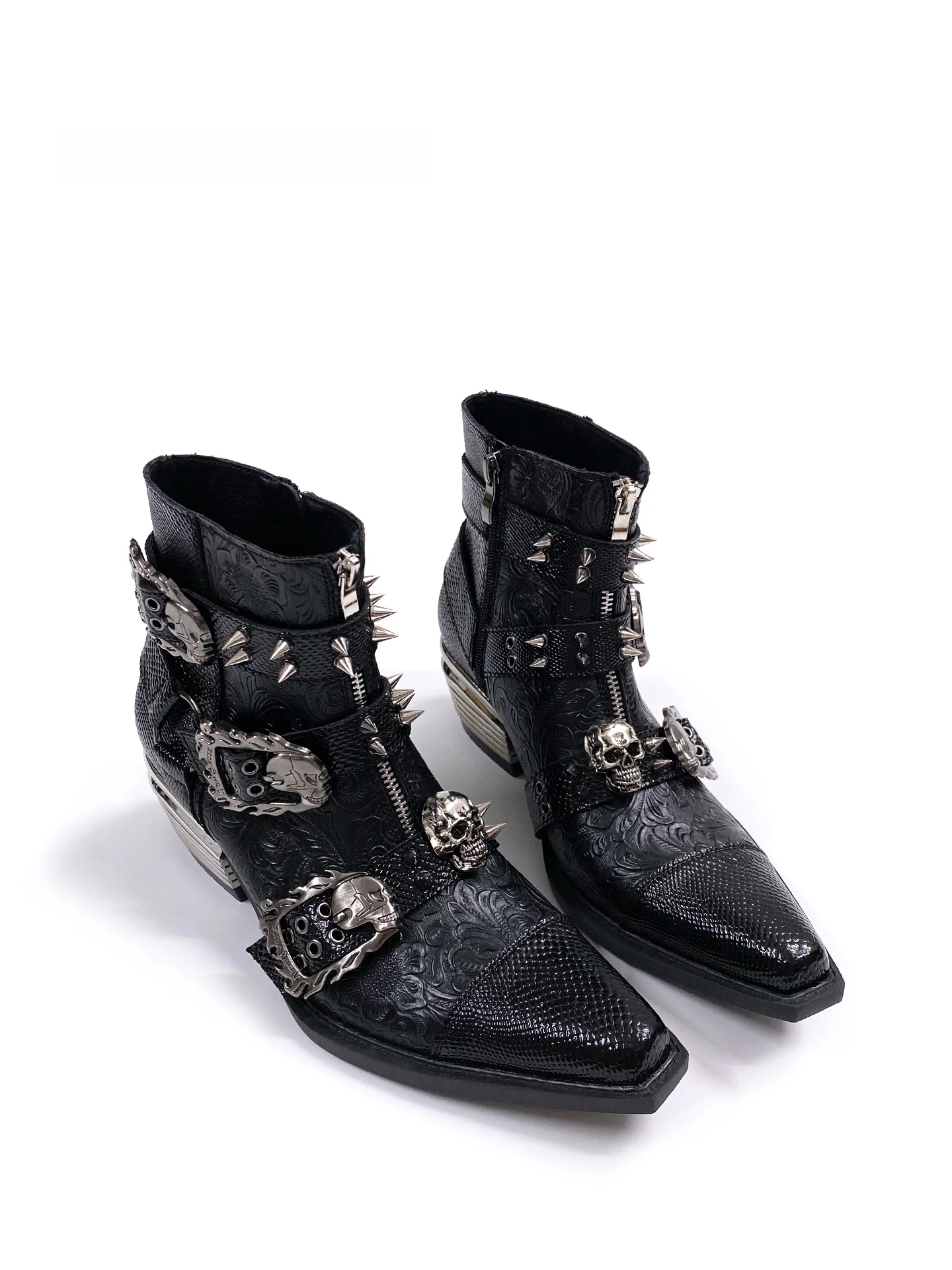 Punk Style Pointed Toe Chelsea Boots Unisex Metal Rivet Skeleton Gothic Dark High Heel Short Boots Men Women Youth Zipper Clo...