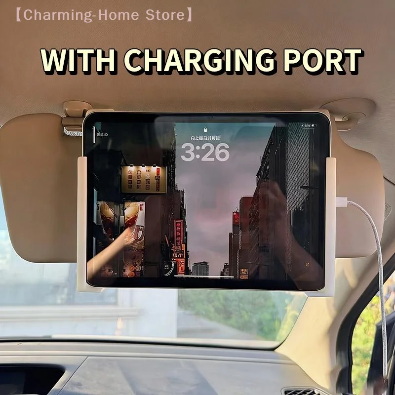 【M】Universal Car Sun Visor Phone/Tablet Holder (With Charging Port),Adjustable White Clip Suitable For Most Car Models,L-Shaped