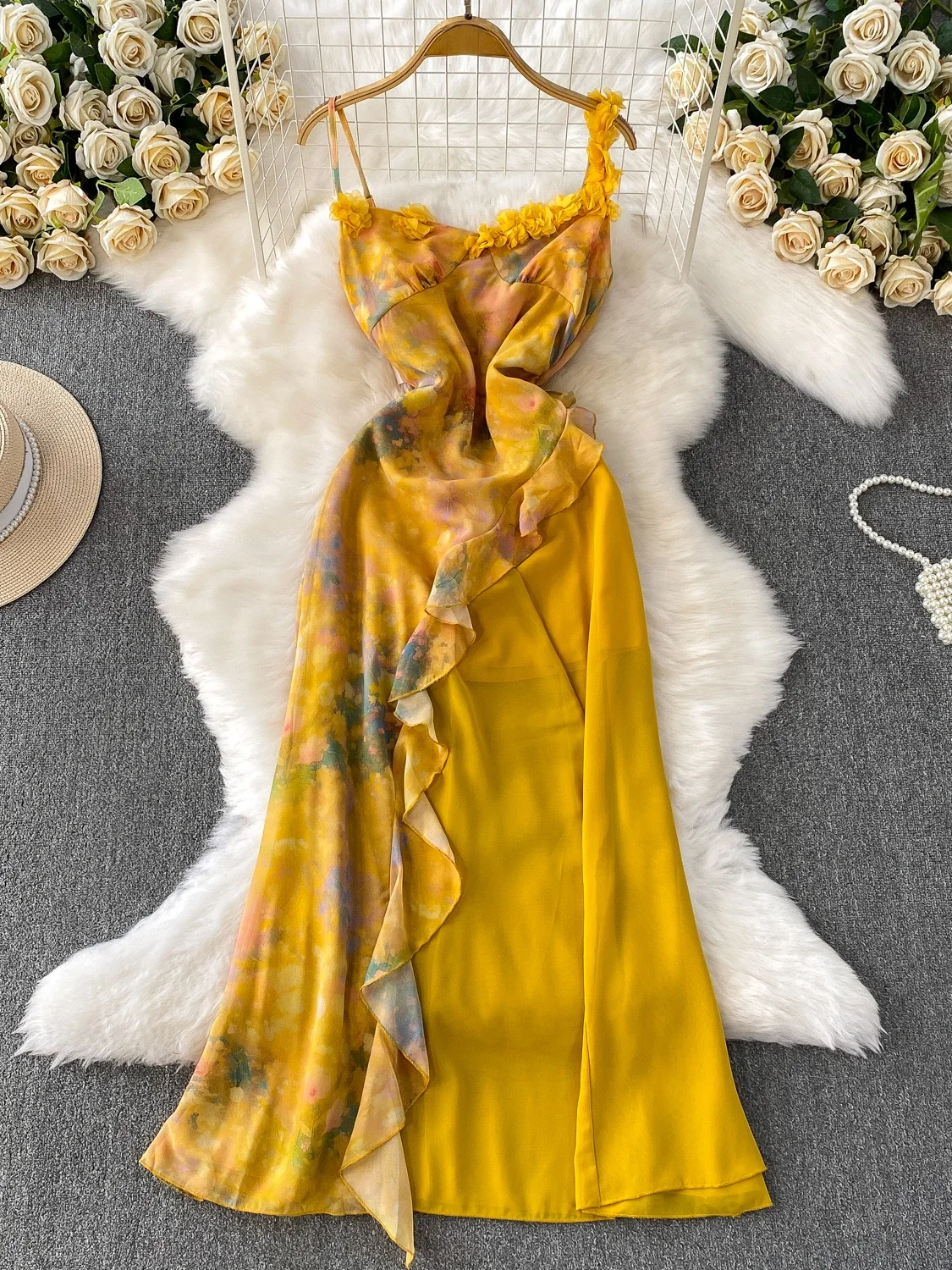 Impresionante Vestido Único 3D Floral Tie Dye de Vacaciones para Mujer con Tirantes, Falda Larga de Cintura Alta, Línea A, Ve...