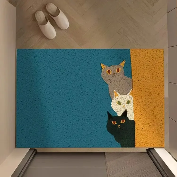 Cartoon Cats Print PVC Loop Doormat Blue Yellow Color Block Cuttable Dust Removal Non Slip Wear Resistant Floor Rug Home Decor