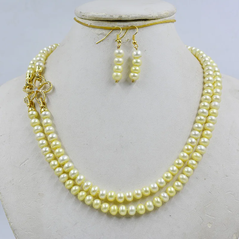 7-8MM AAA Natural Freshwater Cultured Pearl Necklace Earrings suit Charm Ladies Classic Wedding Jewelry