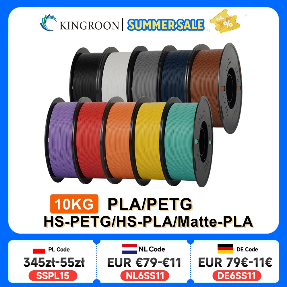 

KINGROON 10KG(22LBS) PLA PETG HS-PLA HS-PETG Filament 1.75mm High Speed 3D Printer Material Matte PLA 1kg*10 Roll Mix Color