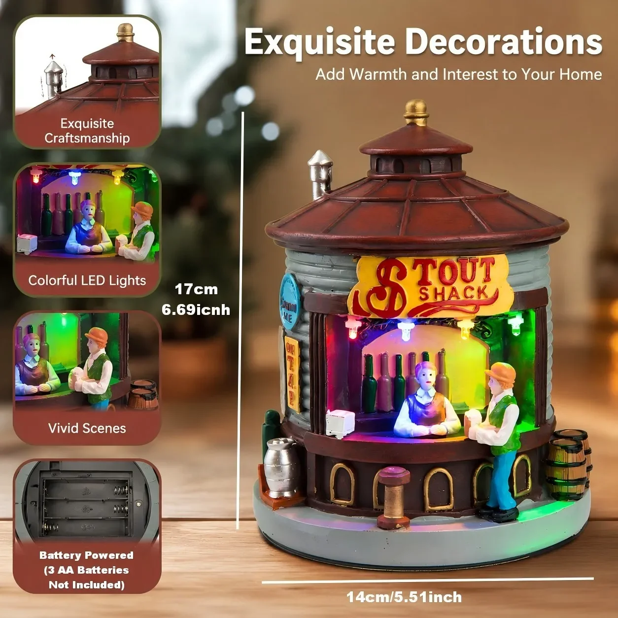 Creative LED Christmas Village House Miniature Stout Shack Light Up Resin Craft Beer Pub Statue Xmas Desktop Ornament New Year D