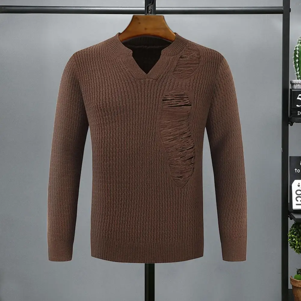 

Solid Color Pullover Sweater Stylish Men's V-neck Ripped Hole Sweater For Autumn Winter Solid Color Pullover Knitwear For Work