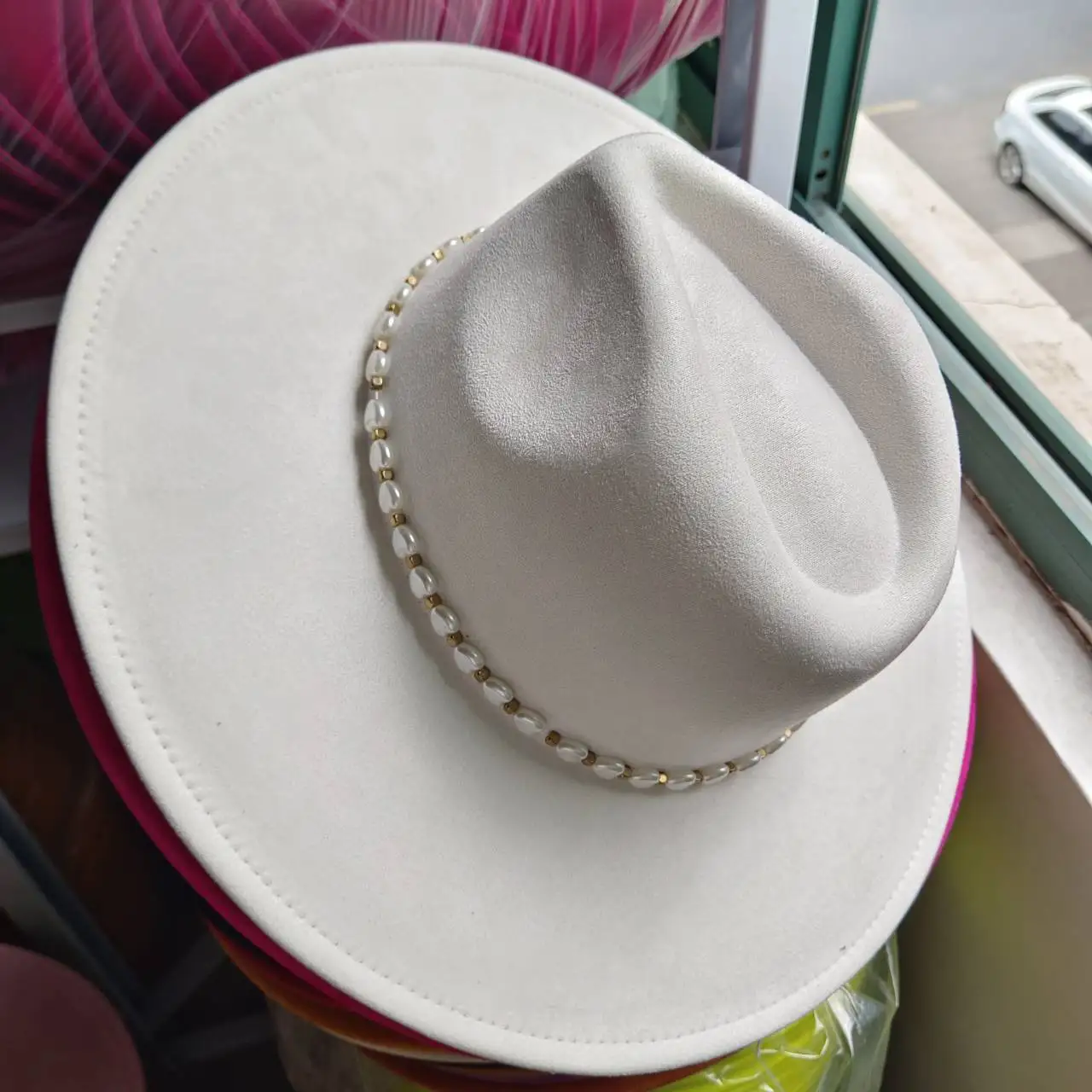 vegan suede wide brim fedora leather Derby hat fedora for women heart pearl chain  jazz hat  movie  pink church hat  custom hat