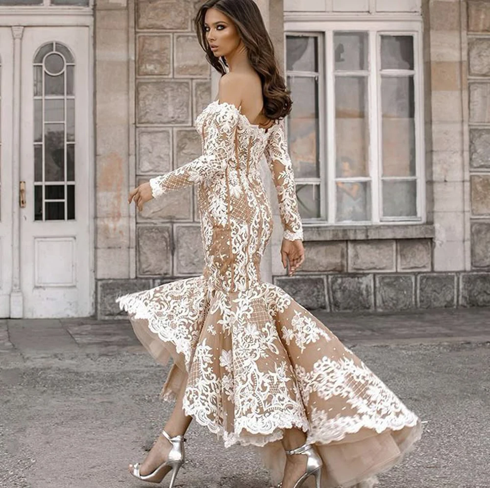 

Vintage Chamapgne Lace Asymmetrical Mermaid Formal Dresses Sexy Deep V-neck Full Sleeves Ankle Length Bridal Dress