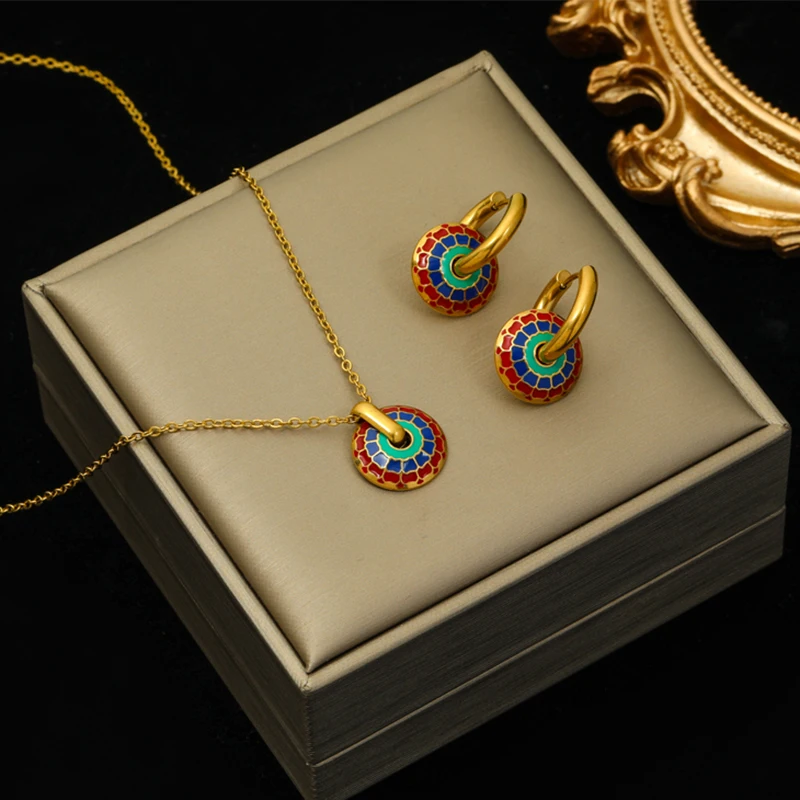 EILIECK 316L Stainless Steel Vintage Flower Necklace Earrings For Women Girl Fashion New Waterproof Jewelry Set Gift Party image 3