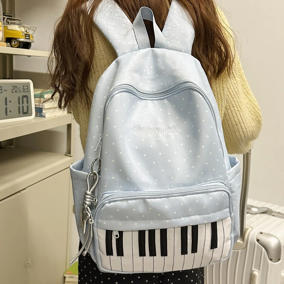 Literary Polka Dot Piano Print Backpack Three Color Preppy Style Light Waterproof Nylon Girl Middle High School Travel Backpack
