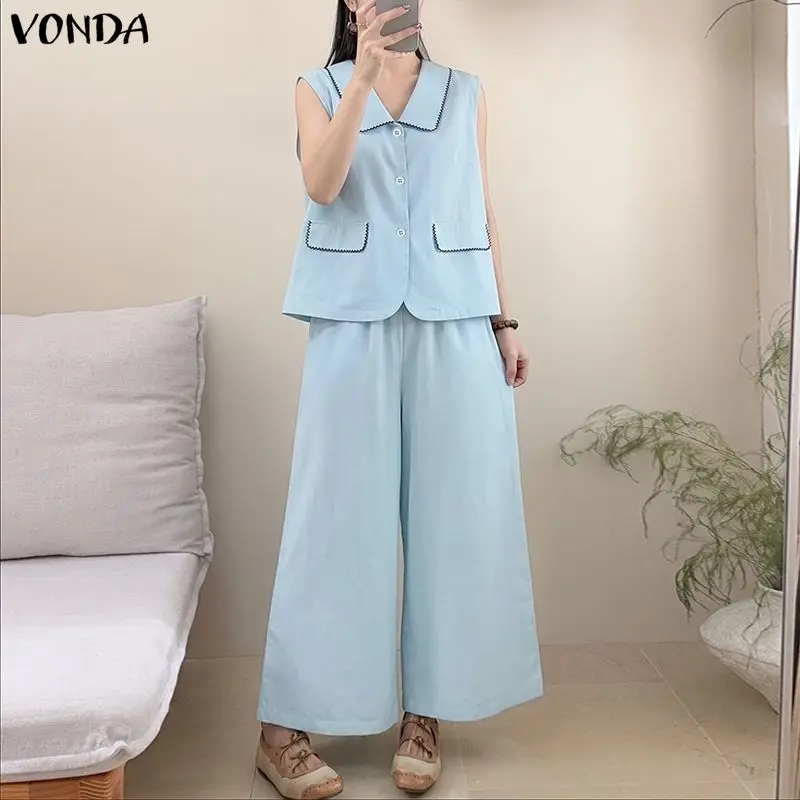 

Plus Size Women VONDA 2026 Summer Sets Solid Cotton Vintage Tops Wide Leg Pants Elastic Waist Two-piece Outfits Matching Sets