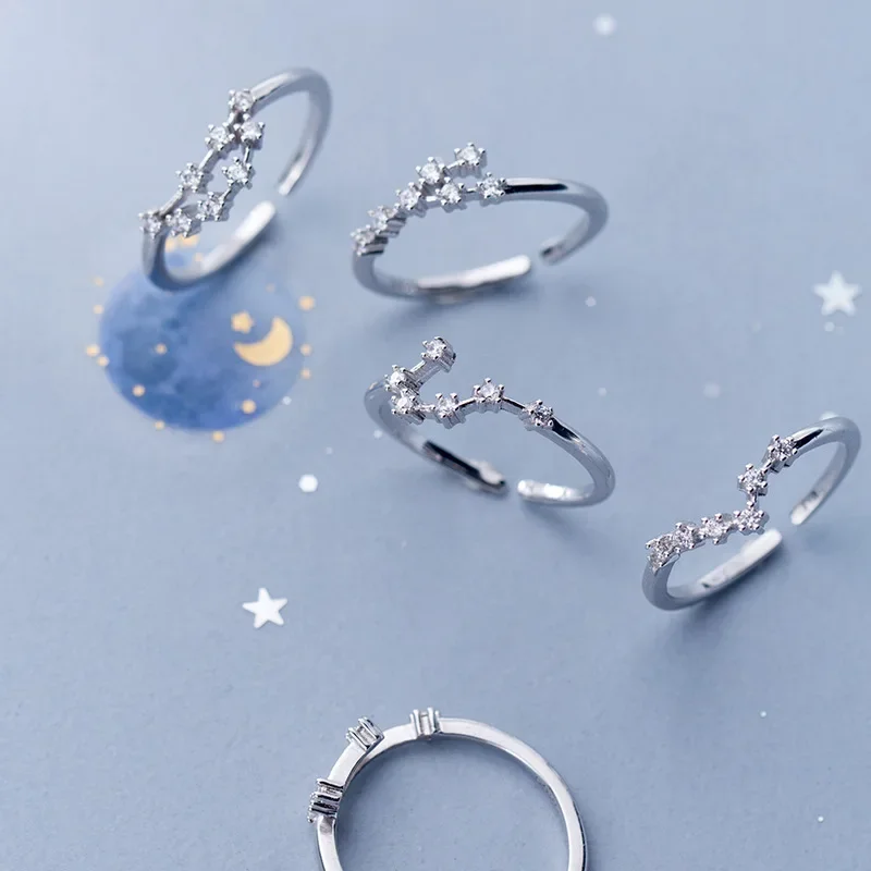 Trend ige 12 Sternbilder echte Sterling Silber Zirkon verstellbare offene Ringe für Frauen Mädchen edlen Schmuck Geschenke yri194