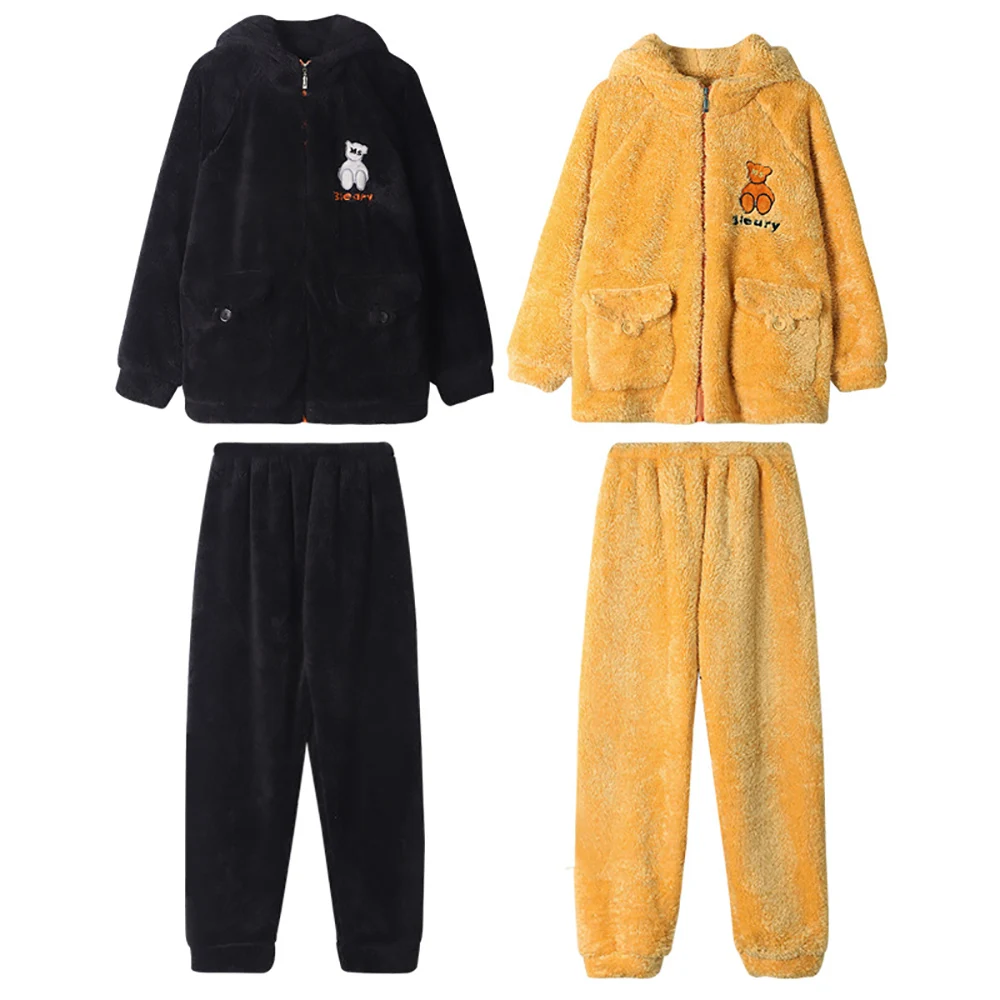 Casual Zipper Hooded Pajama Sets Winter Flannel Plush Thicken Warm Sleepwear New Fashion Cartoon Bear Pajamas In Set Couples