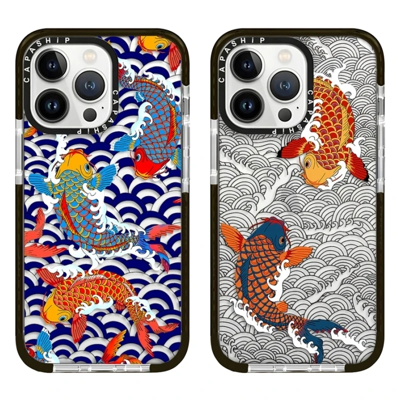 Chinese Style Cloud Pattern  Koi Carp Case For iPhone 16 15 14 13 12 11 Pro X XS XR Max 7 8 Plus Soft TPU Shockproof Back Cover