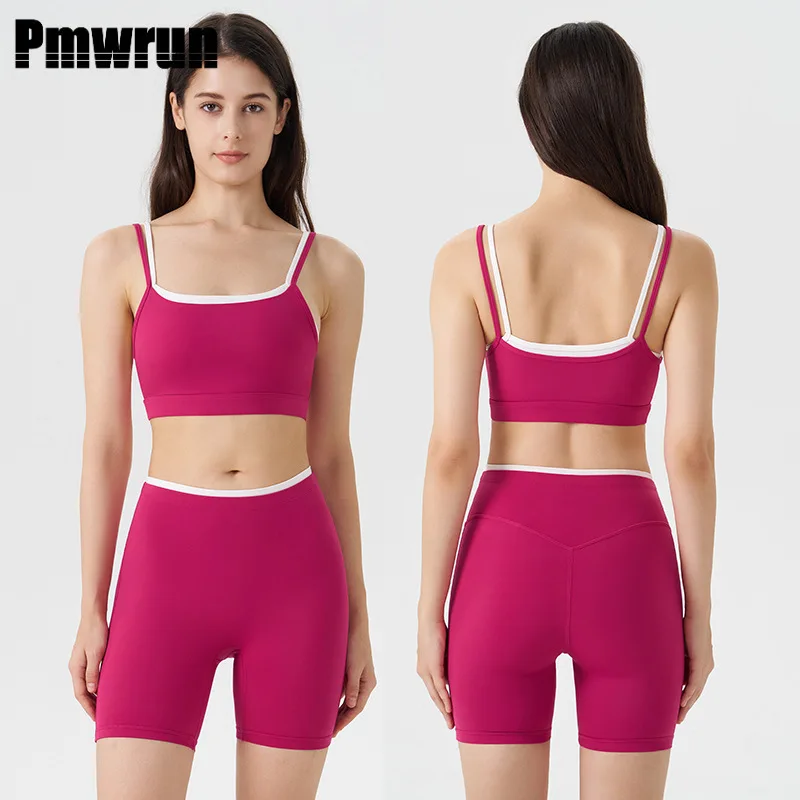 

PMWRUN 2 Pieces Yoga Set Fake Two-Piece Color-Block Stripe Camisole Bra Three-Quarter Shorts Stretch Quick-Dry Gym Fitness Wear